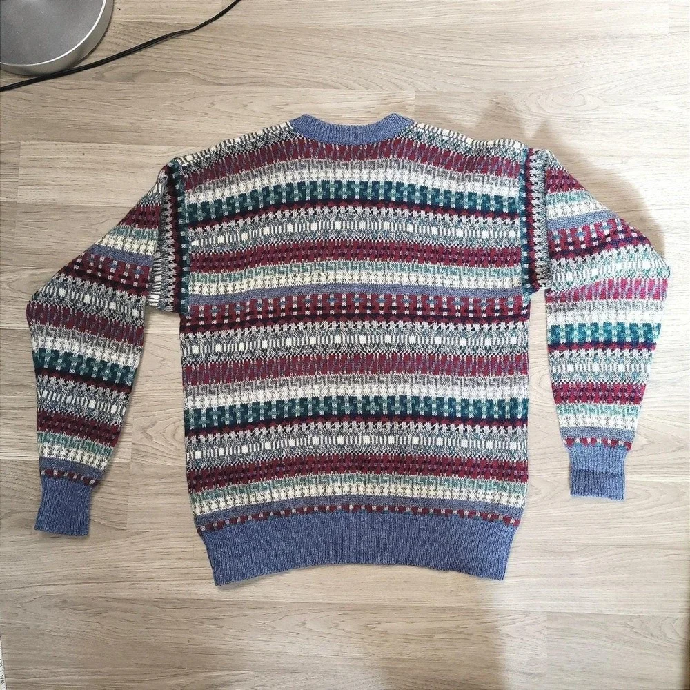 Vintage Amana Mens Blue Fair Isle Academia Teacher 100% Wool Crewneck Sweater  M